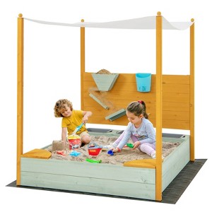 Safstar Kids Sandbox with Sand Wall Detachable Canopy Bottom Liner Water Bucket Outdoor - 1 of 4