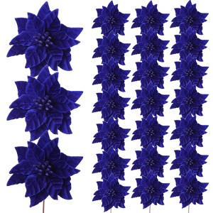 Orieon 24PCS Royal Blue Velvet Poinsettia Flowers with Glitter, 6.3" Artificial Christmas Blooms for Wreaths, Tables & DIY Decor - 1 of 4
