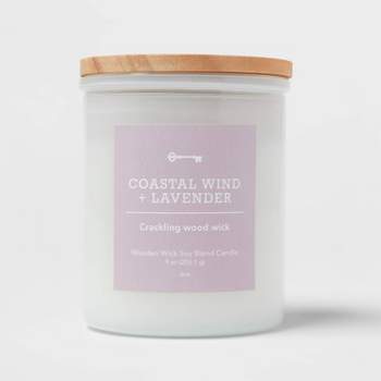 Milky White Glass Coastal Wind and Lavender Lidded Wooden Wick Jar Candle 9oz - Threshold™