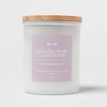 Milky White Glass Glass Woodwick with Wood Lid and Stamped Logo Coastal Wind and Lavender - Threshold™