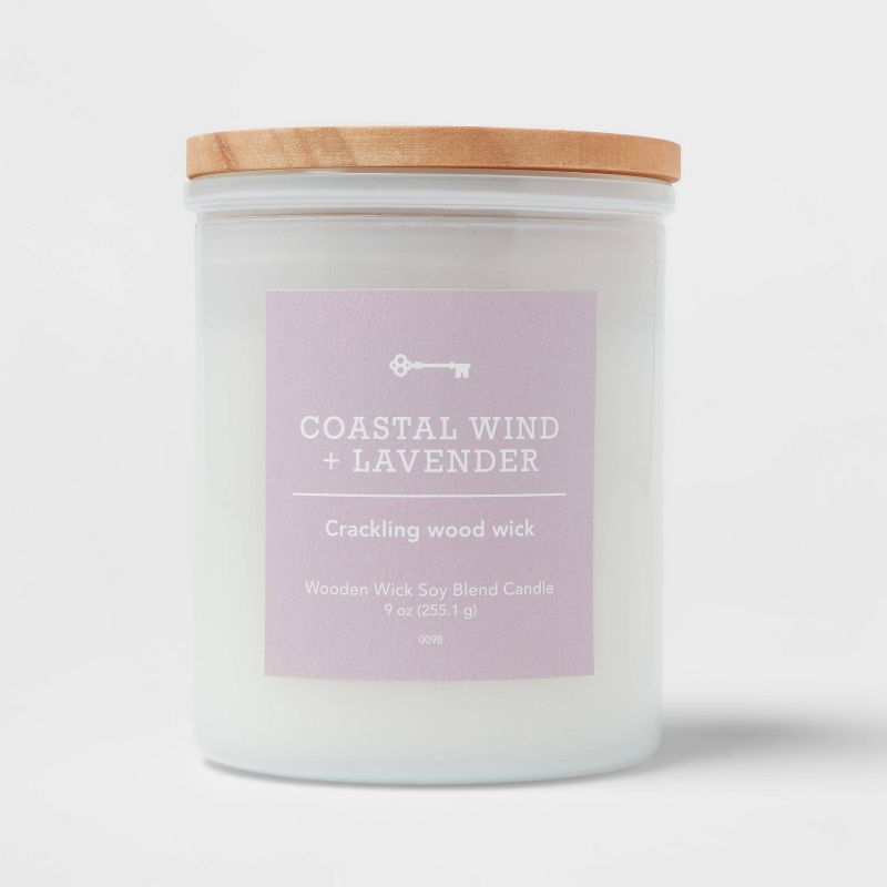 Milky White Glass Coastal Wind and Lavender Lidded Wooden Wick Jar Candle 9oz - Threshold&#8482;, 1 of 4