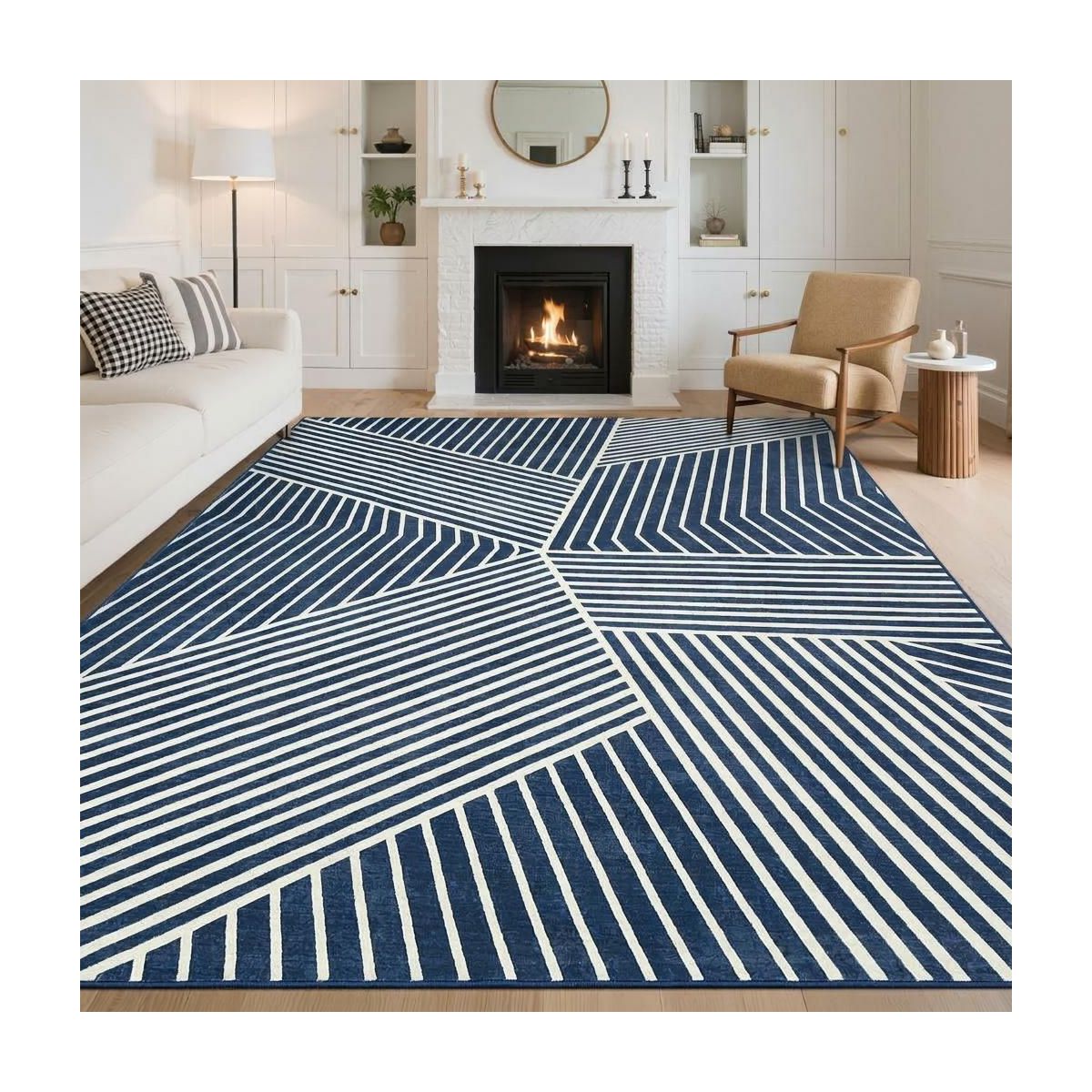 Modern Rug for Living Room Geometric Striped Floor Mat with Non-Slip Backing, Foldable Ultra-Thin Bedroom Carpet, Non-Shedding Low Pile Indoor Carpet