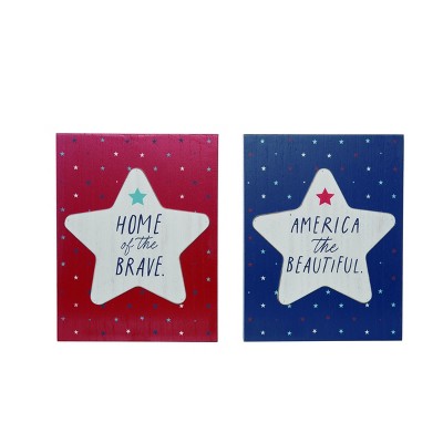 Transpac Red White Blue Stars 4th of July Patriotic Block Layered Wood Decor Set of 2
