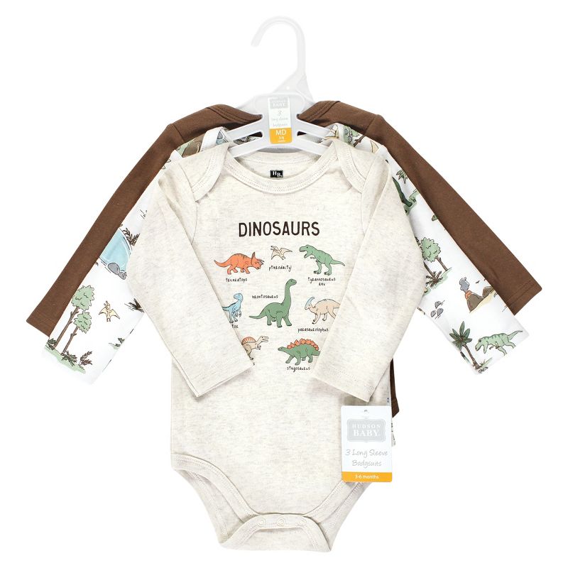 Hudson Baby Cotton Long-Sleeve Bodysuits, Dinosaur Adventures 3-Pack, 2 of 6