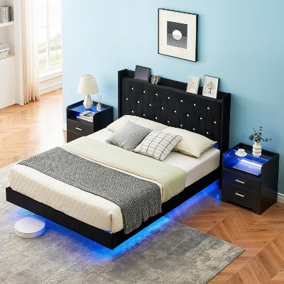 Bed Frame, Upholstered Headboard, Storage Shelves, Heavy Duty Metal Slats, No Box Spring Needed, Noise Free, Easy Assembly