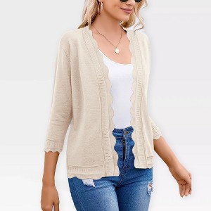 Womens Lightweight Sweater Cardigan 3/4 Sleeve Open Front Cardigan Birdeye Knit Wavy Trim Cardigan Breathable Soft Sweater - 1 of 4