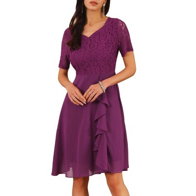 INSPIRE CHIC Women's Lace Chiffon Sweetheart Neck Short Sleeve Ruffle Midi Dresses