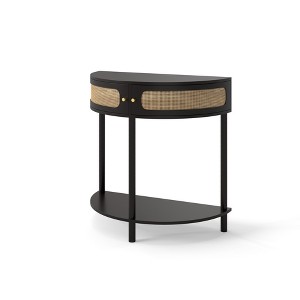 Gulches Unique Half Moon Design End Table with Sliding Rattan Door Elegant Semi circle Entryway Console Table Black - 1 of 4