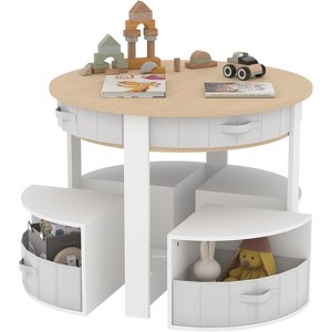 Table and Chair Set,5 Pieces Wooden Round Nesting Design Multi-Activity Table with 4 Storage Stools&4 Fabric Drawers, Toddler Table and Chair Set - 1 of 4