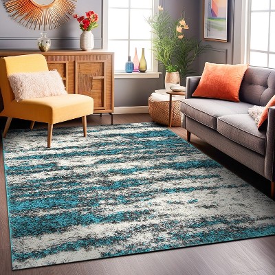 Turquoise Shag Abstract 5' x 7' Easy-Care Synthetic Area Rug