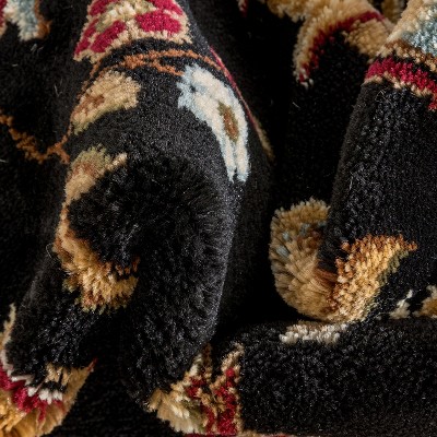 Black and Beige Round Synthetic Persian Floral Area Rug