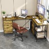 Okak 114IN Industrail L-Shaped Office Desk, Computer Desk with 6 Drawers, 3 Shelves and Movable Monitor Stands, Desk for Home, Office, Brown - 2 of 4
