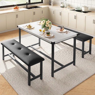 Industrial Dining Table Set for 4, 3-Piece Kitchen Table with 2 Upholstered Benches, Metal & Wood Rectangular Dining Set for Apartment