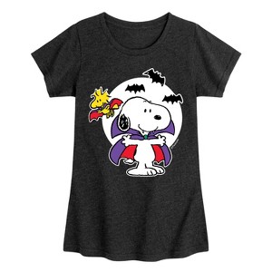 Girls' - Peanuts - Snoopy Woodstock Vampire Fitted Short Sleeve Graphic T-Shirt - 1 of 4