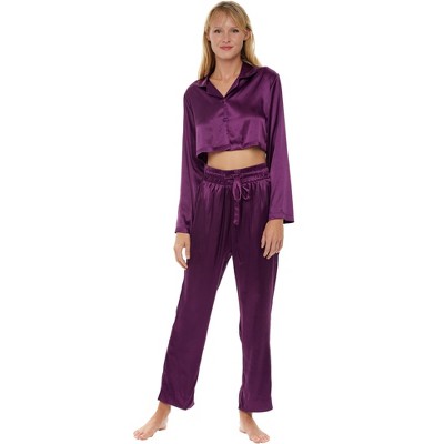 ADR Women's Crop Top Satin Pajamas Lounge Set, Long Sleeve Top and Pants with Pockets, Silk like PJs