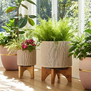 Set of 2 Ceramic Planters with Bamboo Stands - Textured Tan Indoor/Outdoor Plant Pots for Home & Garden - Modern Decorative Flower Pots - 10.5" & 7" - 1 of 4