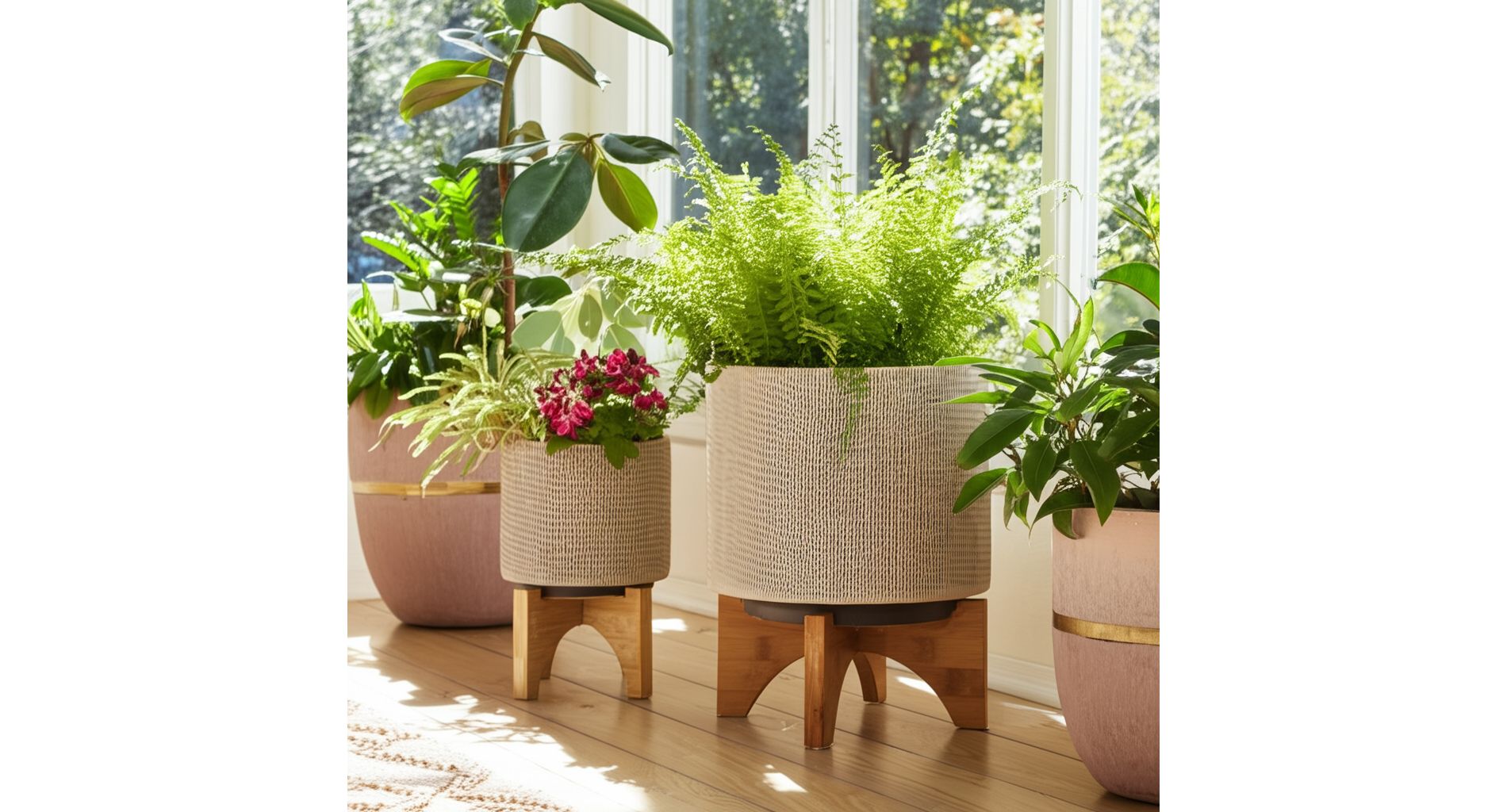 Set of 2 Ceramic Planters with Bamboo Stands - Textured Tan Indoor/Outdoor Plant Pots for Home & Garden - Modern Decorative Flower Pots - 10.5" & 7"