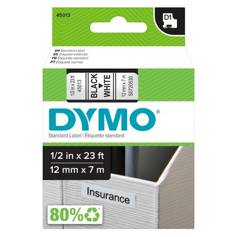 DYMO Standard D1 Labeling Tape for LabelManager Label Makers, Black Print  on White Tape, 1/2'' W x 23' L, 1 Cartridge