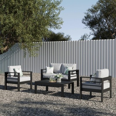 LayinSun Outdoor Aluminum Furniture Set, 4 Pieces Patio Sectional Conversation Chat Sofa Modern Seating Set with Coffee Table