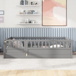 DOMETOUR Twin Size Montessori Floor Bed with Security Barrier and Door, Wooden Frame, Grey - 1 of 4