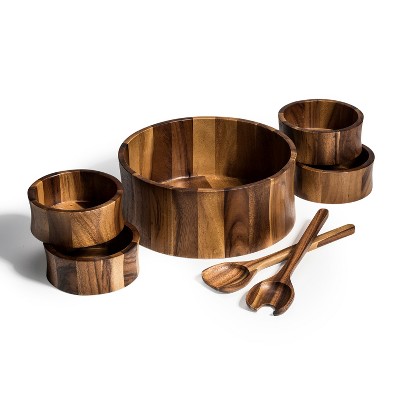 Kalmar Home 12-Inch Acacia Wood Curved Extra Large Salad Bowl with 4 Bowls