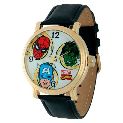 Men's Marvel Spider-Man, Hulk and Captain America Vintage Watch Shiny with Alloy Case - Black