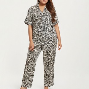 Anna-Kaci Lounge Women's PLus Size Leopard Print Pajama Set with Soft Satin Finish Relaxed Button Front Top and Straight Leg Pants - 1 of 4