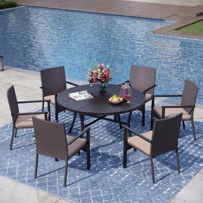 Captiva Designs 7pc Black Round Slatted Steel Table with Umbrella Hole & Cushioned Armrest Rattan Chairs