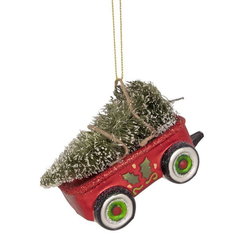 NORTHLIGHT 4.5" Glittered Glass Wagon with Tree Christmas Ornament - Red/Green, 1 of 4