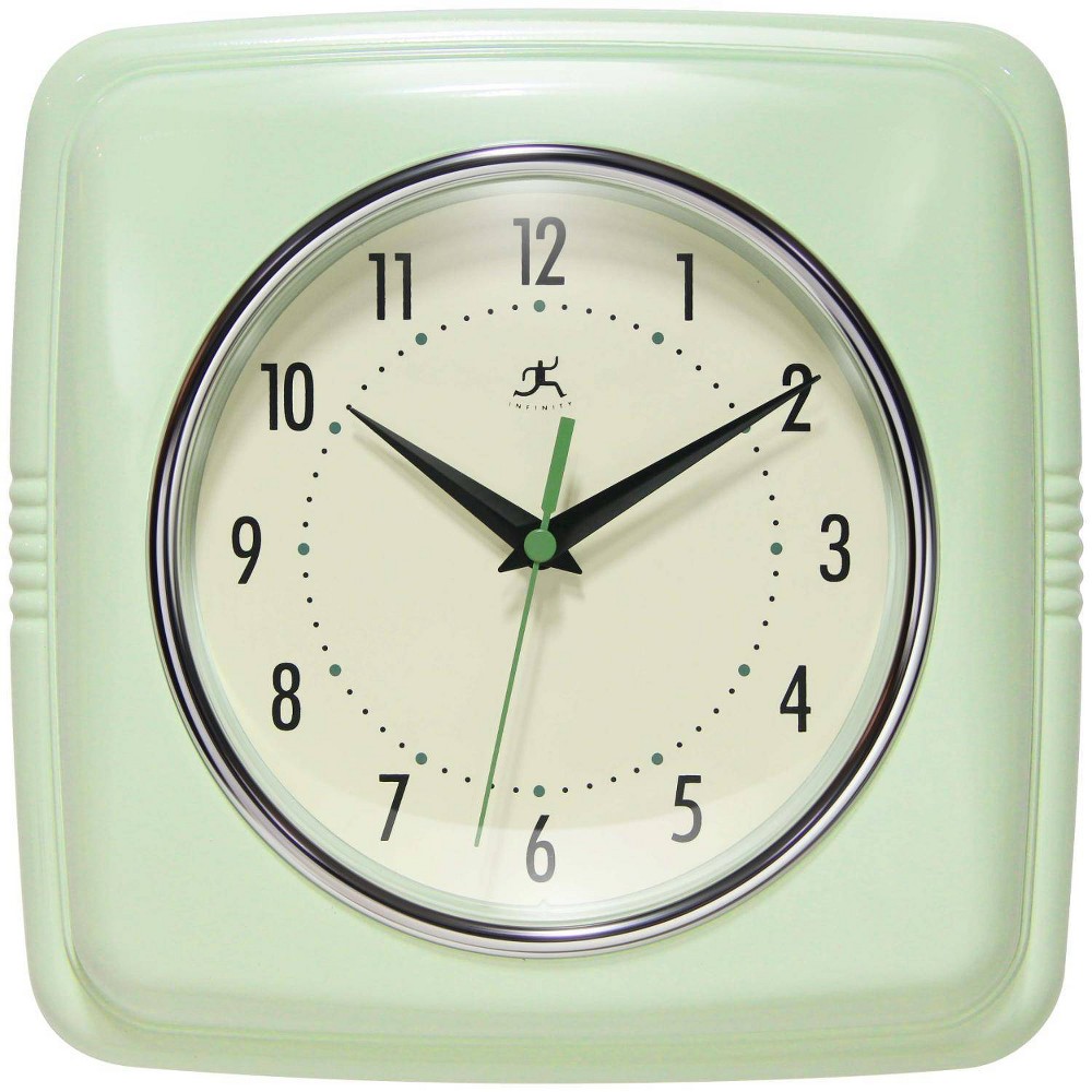 Infinity Instruments 9.25" Square Retro Wall Clock Green : Indoor Decorative Timepiece, Modern Style, Analog Display