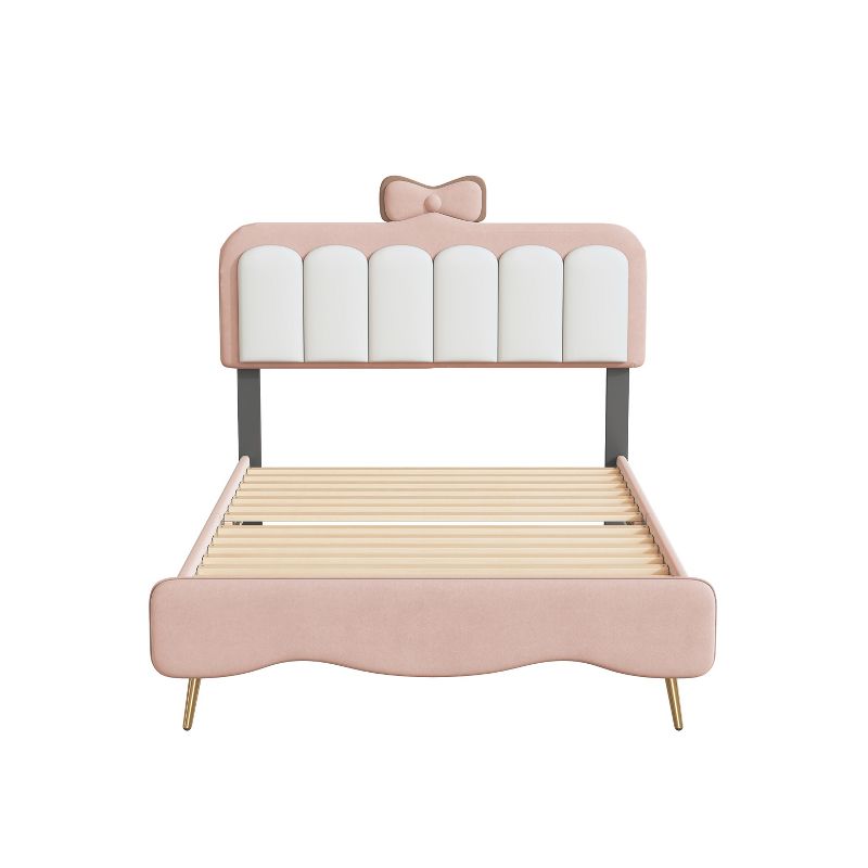 Twin/Full Size Velvet Princess Bed With Bow-Knot Headboard, White+Pink 4A - ModernLuxe, 5 of 8