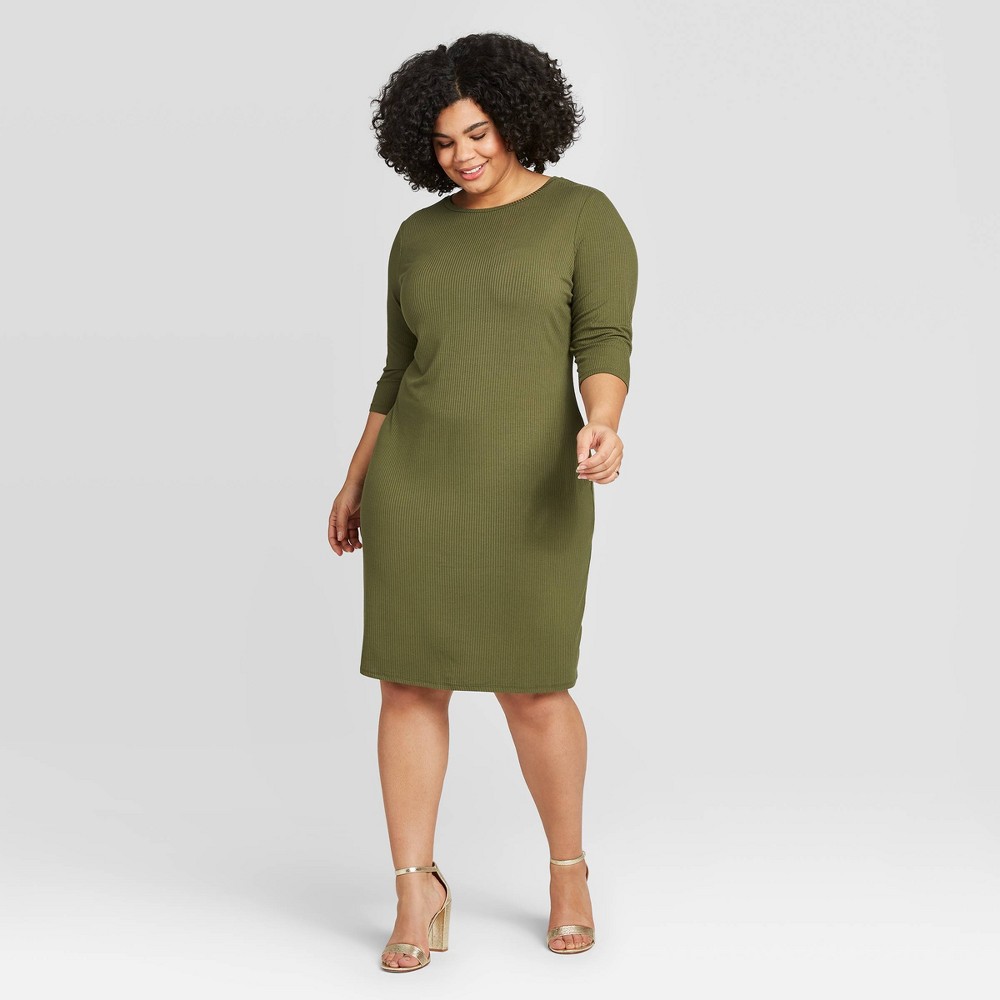 Women's Plus Size 3/4 Sleeve Rib-Knit Dress - A New Day Green 3X was $24.99 now $17.49 (30.0% off)