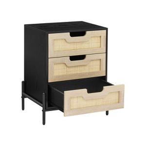25" Tall Rattan Nightstand, Modern Farmhouse Bedside Table with 3 Natural Rattan Drawers, Sturdy Metal Legs, End Table for Bedroom or Living Room - 1 of 4