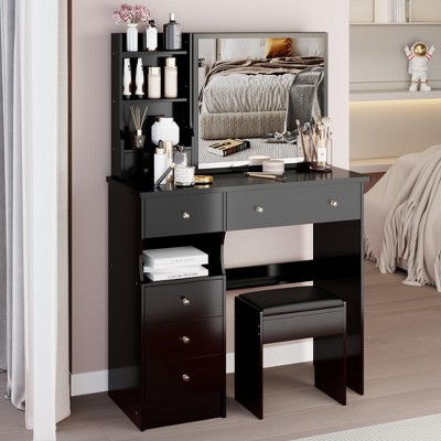 JUJABU 37" Middle Size Vanity Table with Left Drawer, Cushioned Stool, Extra-Large Sliding Mirror, Multi-Layer Storage - Black
