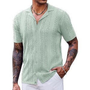 COOFANDY Men's Knit Shirts Vintage Short Sleeve Button Down Shirt Casual Summer Beach Shirt - 1 of 4