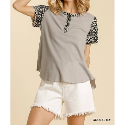 Women's Animal Print Button Front Short Sleeve Ribbed Top - umgee