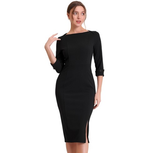 Allegra K Women's Work Elegant Boat Neck Roll Up 3/4 Sleeves Midi Split  Sheath Dress Black Large