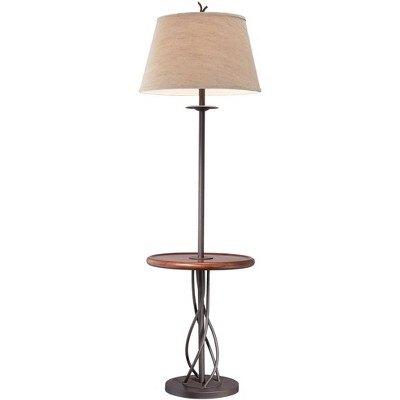 Rustic Walnut & Iron Floor Lamp with Linen Shade and Tray Table
