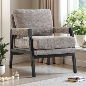 Chenille Mid-Century Accent Armchair with Removable Back Cushion and Solid Acacia Frame - 1 of 4