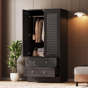 65" Wardrobe Armoire Closet with 2 Shutter Doors and 2 Drawers, Bedroom Armoire with Hanging Rod, Large Capacity Storage Freestanding Wooden - 1 of 4