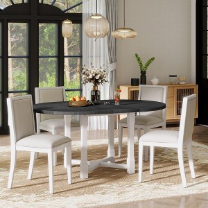 Merax Farmhouse Style Kitchen Table with Removable Leaf & Upholstered Chairs - 1 of 4