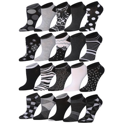 Tipi Toe Women's 20 Pairs Black White Animal Snowflakes Striped Geometric Patterned Low Cut/No Show Socks