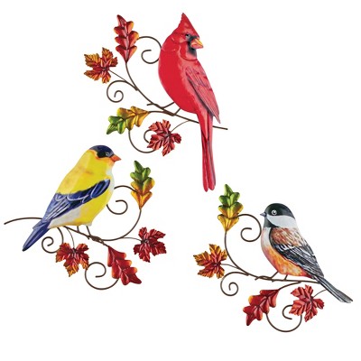 Colorful Metal Fall Bird Wall Trio Set with Iron Branches
