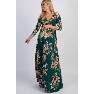 PinkBlush Green Rose Print Sash Tie Maternity Maxi Dress - 1 of 4