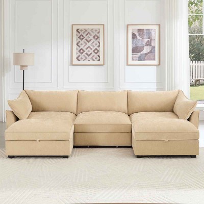U-Shaped Sectional Sofa, 3-Seater Sofa with Pull-Out Storage Drawers and Footstool, Upholstered Chenille Sofa with Cushion-Coolbibila