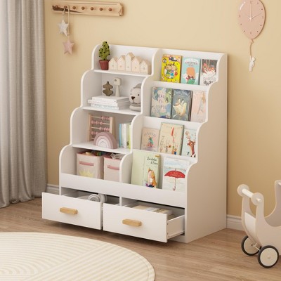 KWPZQEB Kids Bookshelf, Wooden Montessori Bookshelf with 2 Storage Drawers & 8 Open Shelves, Multi-Tier Toy Organizer for Playroom, Bedroom, White