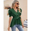 Puff Short Sleeve Ruffle Shirt for Women Deep V Neck Peplum Tops Waist Tie Chiffon Blouses Dressy Casual Waist Wrap Tops - 4 of 4