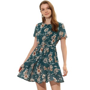 Allegra K Women's Regular Fit Floral Asymmetrical Layered Pleated Neck Short Flare Sleeve Dress - 1 of 4