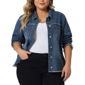 Agnes Orinda Women's Plus Size Button Up Frayed Hem Long Sleeve Casual Jean Jackets