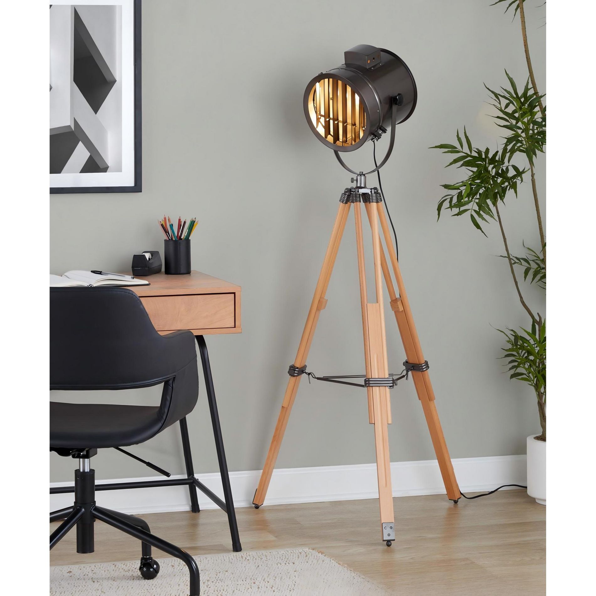 Industrial Tripod Floor Lamp with Adjustable Height and Swivel Metal Shade in Natural Wood Finish